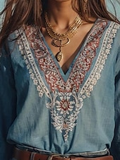 tanie Damskie topy boho-Damskie Bluzka Kwiaty Graficzny Bohema Zabytkowe Codzienny Rękaw 3/4 Półgolf Łódeczka Zwykłe topy Codzienny Święto Ubrania wakacyjne Nadruk Niebieski Lato Wiosna