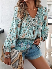 cheap Boho Tops-Women&#039;s Boho Shirt Blouse Flower Modern Boho Long Sleeve V Neck Regular Tops Daily Going out Print Yellow Pink Navy Blue Blue Orange Summer