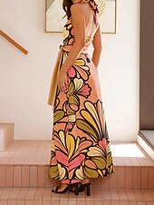 abordables concevoir des robes en coton et lin-Femmes Robe Longue Maxi Robe Robes en coton et lin Robe Décontractée Mode Extérieur Soirée Fête Coupe régulière Fleur Sans manches Col Halter Vert Été