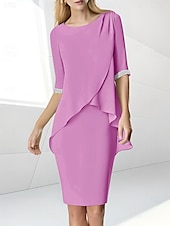 preiswerte Teelänge-Strandhochzeit Etuikleid Mutter der Braut Kleid Hochzeitsgast Eleganter Juwelenausschnitt Teelänge Chiffon halblangärmelig mit Perlen-Raffung