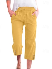 baratos Calça de linho de algodão simples-Mulheres Calças de linho de algodão Calças Capri Calças Moda Roupa de rua Comprimento da panturrilha Natural Tecido Bolsos Design de cordão elástico Confortável Exterior Rua Para Noite clarete Azul