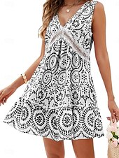 tanie Sukienki boho-Damskie Sukienka mini Sukienka A line Codzienny Na zewnątrz Wyjściowe Regularny Kwiaty Graficzny Bez rękawów W serek Czarny Czerwony Niebieski Zielony Lato Wiosna