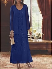 abordables Avec veste-Robe Mère de la Mariée Coupe Deux Pièces à la Plage Invité de Mariage Élégant Étincelle  Brillance Encolure en V Longueur Cheville Chiffon Sequins Manches Longues avec Sequins 2025 taille