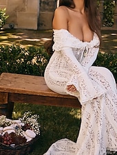 levne Bílé krajkové šaty-Dámské Dlouhé šaty Maxi šaty Krajkové šaty Šaty na ples Šaty na párty Elegantní Módní Párty Zvláštní příležitosti Večerní oslava Běžný Bez vzoru Dlouhý rukáv Pod rameny Černá Bílá Léto