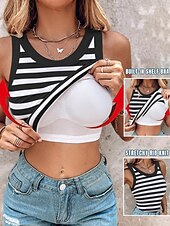 billige Stripe og geometrisk tank topp-Dame Camisole Tank Top Helfarge Stripet Daglig Fritid Ermeløs Crew-hals Vanlige topper Daglig Trykt mønster Svart Lysegrønn Navyblå Grønn Sommer Vår Built-in Bra Ribbed