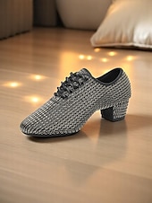 preiswerte Lateinamerikanische Schuhe-Weiße Mesh-Latein-Tanzschuhe für Damen mit niedrigem, klobigem Absatz und funkelnden Strasssteinen – atmungsaktives, professionelles Standardschuhwerk für Künstler und Wettbewerbe