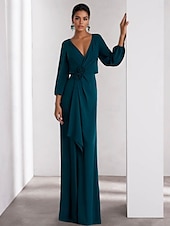 economico VERDE-Linea ad A Abito da Sera Elegante Vestito Formale Matrimonio Lunghezza al pavimento Manica Lunga Scollo a V Crepe Elasticizzato con Volant 2025
