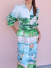 abordables concevoir des robes en coton et lin-Femmes Robe Longue Maxi Robe Robes en coton et lin Robe Décontractée Mode Extérieur Soirée Fête Coupe régulière Paysage Manche 3/4 Col de chemise Vert Été