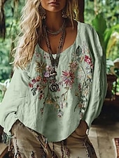 billige Boho topper-damebluse vestlig bohemsk skjortebluse blomst moderne avslappet langermet v-hals vanlig topper daglig ferie ute trykk hvit rosa blå lilla grønn sommer høst