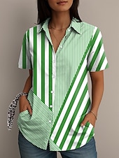 abordables Tops à Rayures et Géométriques pour Femmes-Femmes Chemise Graphique Géométrique Rayé ancien Élégant Occasionnel Manche Courte Col de chemise Hauts Réguliers Quotidien Rouge Bleu Vert Été Printemps
