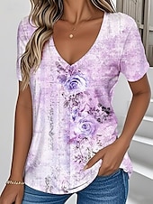 abordables T-shirt floral-Femmes T-shirt Fleuri Graphique ancien Élégant Classique Manche Courte Col en V Hauts Réguliers Quotidien Imprimé Bleu Violet Vert Blanc Ecru Été Printemps