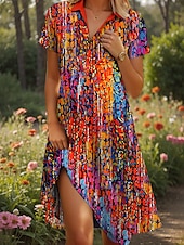 ieftine Rochie Artă și Design-Pentru femei Rochii Midi Rochie A line Rochie de vară Vacanță Casual Stiluri de Plajă Dată Rochie de vară Fit regulat Grafic Geometric Abstract Manșon scurt Rever Galben Roșu-aprins Albastru piscin