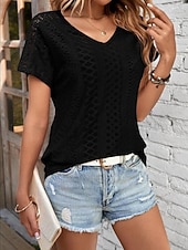 abordables T-shirt uni-Femmes T-shirt Uni Mode Moderne Occasionnel Manche Courte Col en V Hauts Réguliers Quotidien Week-end Œillet Noir Blanche Jaune Rose Claire Été