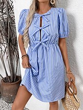 ieftine Rochie cu dungi și geometrică-Pentru femei Rochie Mini Rochie A line Rochie de vară Casual Zilnic Fit regulat Grafic Dungi Manșon scurt Stil Nautic Negru Albastru piscină Vară