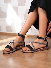cheap Dress Sandals-Women&#039;s Gold Ankle Strap Flat Sandals with Crisscross Glitter Straps - Stylish and Comfortable Flats for Everyday Dates