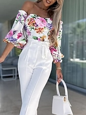 preiswerte Damen Grafik Tops-Damen Boho-Hemd Bluse Blume Modern Boho Langarm Schulterfrei Normale Oberteile Täglich Ausgehen Druck Erröten Sie Rosa Rosa Wein Rote Purpur Sommer
