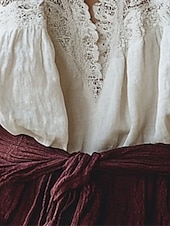 ieftine Topuri Boho-bluză western pentru femei, evazabil, cămașă boho, bluză din bumbac și in, cămăși simple, casual, boho, mânecă lungă, decolteu în V, bluze obișnuite, zi de zi, vacanță, ieșiri în oraș, dantelă, model patchwork, alb, vară, toamnă