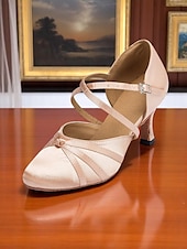 abordables Chaussures de danses latines-Chaussures de danse de salon croisées en satin noir pour femmes - Talons mi-hauts classiques pour danseuses professionnelles et danseuses sociales