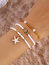 abordables Collar de mujer-Conjunto de collar y pulsera tobillera en capas estilo playa para mujer con dijes de estrellas de mar y conchas, diseño de cuentas doradas y blancas, adecuado para vacaciones de verano, estilo casual y bohemio.