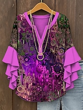 preiswerte Damen Boho Tops-Damen Retro-Bluse mit geschichteten Rüschärmel Vintage Grafisch Abstrakt Bohemia Vintage Tägliche 3/4-Ärmel V-Ausschnitt Reguläre Tops Tägliche Urlaubsferien Bekleidung Print Rot Blau Lila Grün Sommer