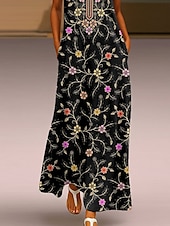 preiswerte Blumenkleider-Damen Maxikleid Sommerkleid A Linie Kleid Urlaub Lässig Boho Täglich Ferien Normale Passform Blumen Grafik Ärmellos V Ausschnitt Schwarz Sommer