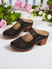billiga Träskor och tofflor till damer-Damslip-on ihåliga mules med grov klack – vintagesandaler i konstläder, perfekta för avslappnade promenader, brunch i trädgården, konstmässor utomhus och vårresor