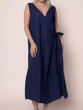 abordables concevoir des robes en coton et lin-Femmes Robe maxi Robe d&#039;été Occasionnel Quotidien Coupe régulière Graphique Sans manches Col en V Fuchsia Vert Bleu de minuit Gris foncé Été