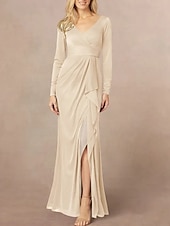 abordables Longueur du plancher-Sirène / Trompette Robe de Mère de Mariée  robe demoiselle d honneur Élégant Col en V Longueur au sol Chiffon manche longue avec Volants Devant Fendu Fronces 2025