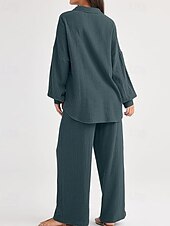 abordables Ensembles-Femmes Actif Mode Chemises en coton et lin Ensembles en coton et lin Chemisier manche longue Col de chemise Couleur Unie Dubbele Rij Knopen Fête Décontracté Quotidien Noir Ivoire Vin Été Coupe