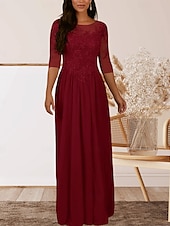 baratos Comprimento do chão-Vestido para Mãe da Noiva em A Convidada de Casamento Elegante Decote Redondo Comprimento até o Chão Chiffon Manga Curta com Pregas e Apliques