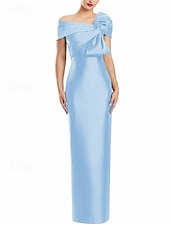 abordables Robes de cocktail-Robe de Soirée Fourreau  Colonne Élégante Robe Formelle Mariage Longueur de Sol Manches Courtes Épaule Dénudée Satin avec Nœud(s)