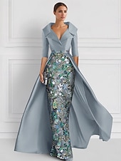 cheap GREEN-Green Embroidered Floral A-Line Evening Gown Elegant Dress Formal Wedding Floor Length Half Sleeve Shirt Collar Satin with Slit Appliques 2025