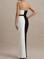 baratos Vestidos de Cocktail-Vestidos de coquetel sereia/trompete preto e branco, elegante, formal, casamento, comprimento até o chão, comprimento longo, sem alças, crepe elástico com laço(s) 2025