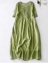 ieftine proiectează rochii din bumbac și in-Rochie midi din bumbac și in pentru femei, rochie tip A, rochie de vară, casual, croială regulată, simplă, mânecă scurtă, guler rotund, alb, albastru, violet, verde, vară