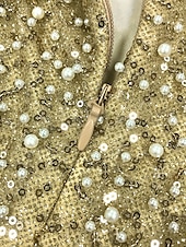 ieftine șampanie-Rochie de seară elegantă din paiete aurii rochie sirenă/trumpetă formală semiformalsă lungime la podea rochie maxi fără mâneci fără bretele pliuri din satin cu perle brodate