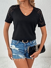 ieftine tricou simplu-Pentru femei Tricou Simplu Modă Stilat Modern Manșon scurt În V Topuri obișnuite Zilnic Sfârșit de săptămână Dantelă Peteci Negru Alb Roșu-aprins Trifoi Vară