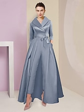 abordables Combinaisons pour maman-Combinaison  Tailleur Mère de la Mariée Tuxedo Invité de Mariage Élégant Party Simple Col Chemise Longueur Cheville Satin Manches 3/4 avec Nœud(s) 2025 taille personnalisée gratuite