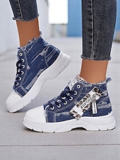 preiswerte Damen-Sneaker-Damen-Denim-High-Top-Plateau-Sneaker mit Leoparden-Detail – lässige Streetstyle-Schnürschuhe für Teenager und junge Erwachsene