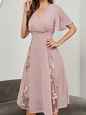 preiswerte Blumenkleid-Damen Midikleid A Linie Kleid Sommerkleid Lässig Täglich Normale Passform Blumen Kurzarm V Ausschnitt Rosa Sommer