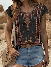 abordables Débardeur Boho-Débardeur camisole bohème pour femme, graphique, géométrique, vintage, élégant, classique, sans manches, manches courtes, col en V, régulier, imprimé quotidien, jaune, rouge, bleu, violet, vert, été,