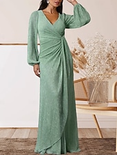 cheap Floor Length-A-Line Mother of the Bride Dress Wedding Guest Elegant Sweet V Neck Floor Length Chiffon Long Sleeve with Ruffles Ruching