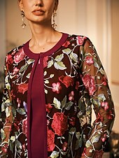 billiga Kappor och trenchcoats-Dam Kappa Andningsfunktion Spets Broderad Elegant Blommig Formell Bröllop Fest Lång Rund halsringning Lös passning Långärmad Ytterkläder Grå rosa Svart Vinröd Sommar Vår