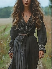 ieftine Rochii Boho-Pentru femei Rochie Lunga Rochie Maxi Rochie casual Rochie leagăn Rochie de vară Rochie Boho Epocă Vacanță Zilnic Concediu Fit regulat Grafic Manșon Lung În V Negru Vară