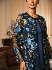 billiga Kappor och trenchcoats-Dam Kappa Andningsfunktion Spets Broderad Elegant Blommig Formell Bröllop Fest Lång Rund halsringning Lös passning Långärmad Ytterkläder Grå rosa Svart Vinröd Sommar Vår