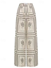abordables Ensembles-Femmes Mode Streetwear Chemises en coton et lin Ensembles en coton et lin Ensembles de Pantalons Manche Courte Col de chemise Géométrique Imprimé Tenue quotidienne Date Beige Été Coupe régulière
