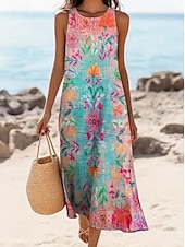 abordables Robes Boho-Femmes Robe maxi Robe trapèze Robe à épaules dénudées Vacances Occasionnel Boho Sortir Coupe Standard Fleuri Graphique Sans manches Col en U Jaune clair Bleu Été Printemps