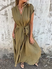 abordables concevoir des robes en coton et lin-Femmes Robe Longue Maxi Robe Robes en coton et lin Robe Décontractée Robe d&#039;été Mode Basique Moderne Quotidien Week-end Coupe régulière Uni Manche Courte Col en V Blanche Chameau Été