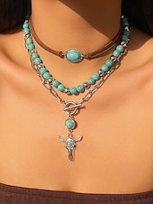 cheap Women&#039;s Necklace-Women&#039;s Western Layered Turquoise Beaded Necklace Set – Boho Statement Jewelry with Cactus &amp; Teardrop Charms, Ideal for Festivals, Country Concerts and Casual Wear