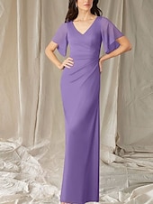 abordables Longueur du plancher-Sirène / Trompette Robe de Mère de Mariée  robe demoiselle d honneur Élégant Doux Col en V Longueur au sol Chiffon Manche Courte avec Fronces 2025