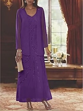 abordables Avec veste-Robe Mère de la Mariée Coupe Deux Pièces à la Plage Invité de Mariage Élégant Étincelle  Brillance Encolure en V Longueur Cheville Chiffon Sequins Manches Longues avec Sequins 2025 taille